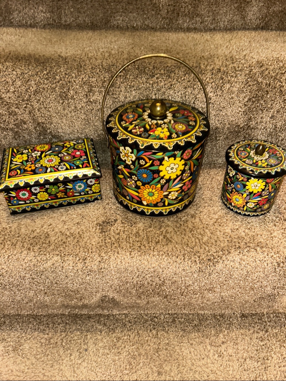 Set of 3 Vintage Daher Black Floral Tins